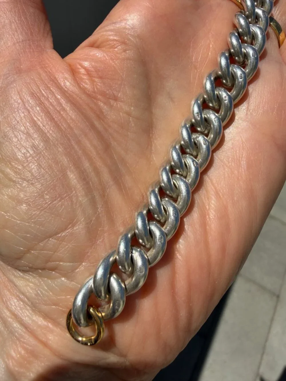 Chunky antique sterling silver curb chain bracelet with XL gold dog clip, 6.5